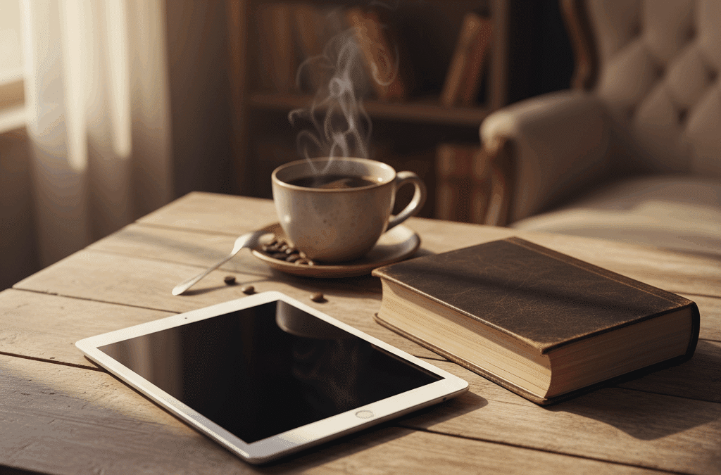 Tablet and book side by side with coffee