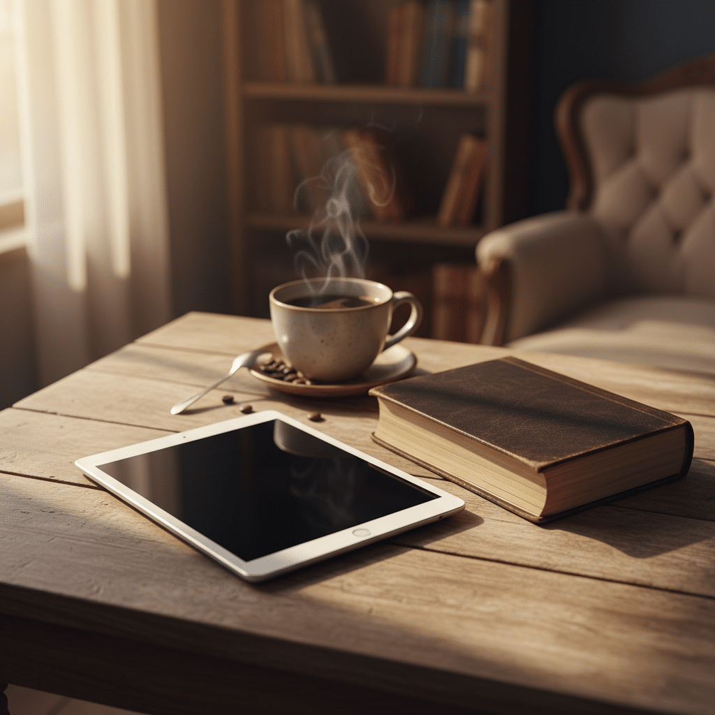 Tablet and book side by side with coffee