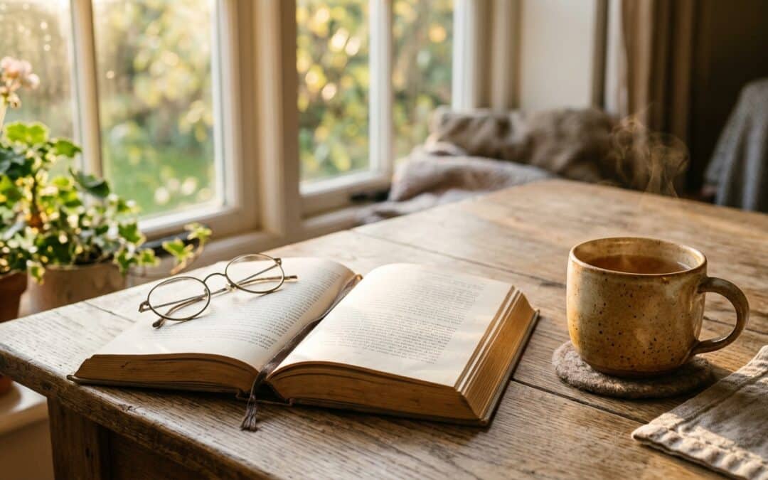 An open spiritual book with reading glasses on a warm wooden table beside a cup of tea in golden morning light