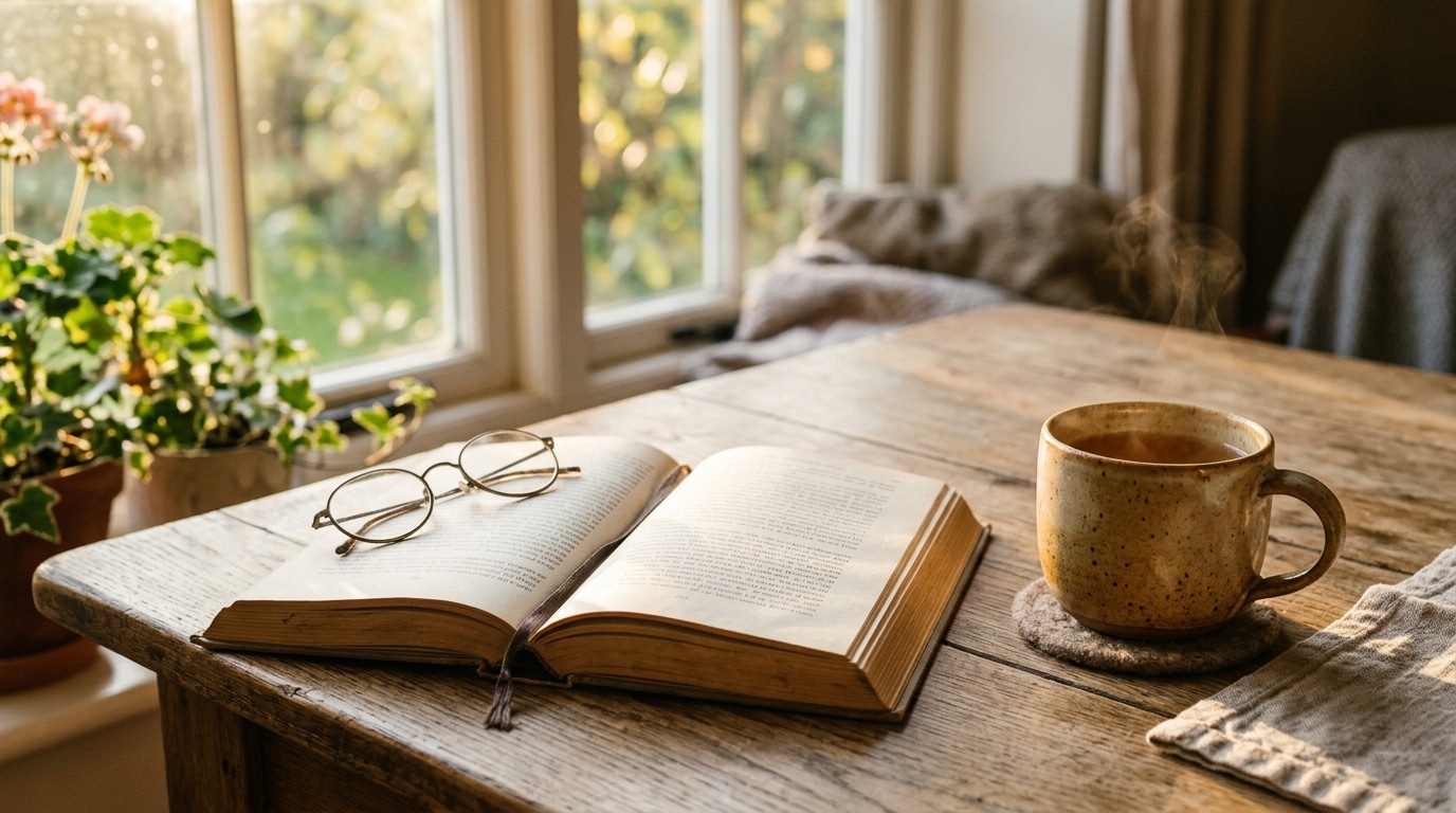 An open spiritual book with reading glasses on a warm wooden table beside a cup of tea in golden morning light