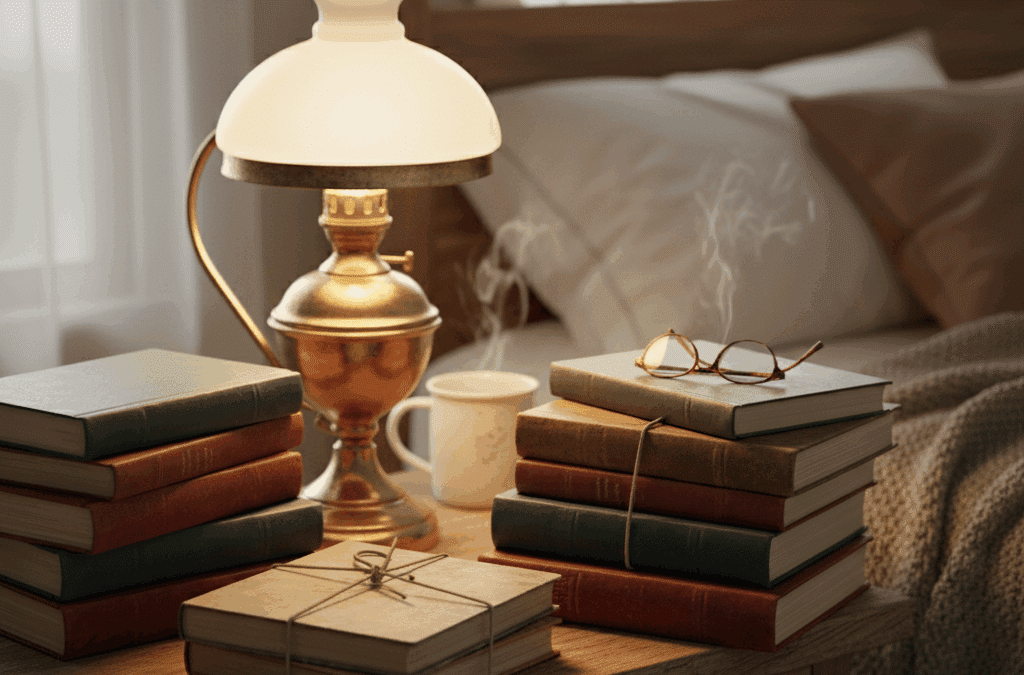 Books with reading lamp on bedside table