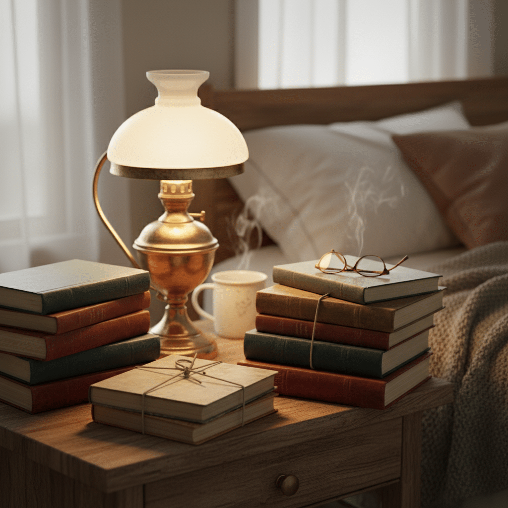 Books with reading lamp on bedside table