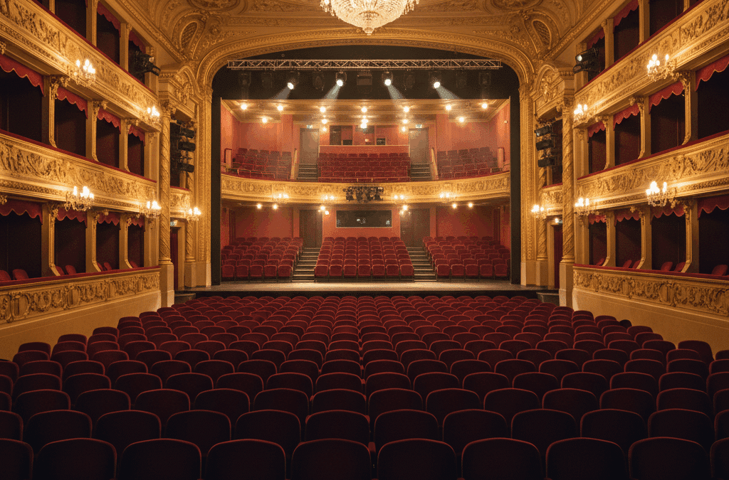 Empty theater with warm golden stage lighting