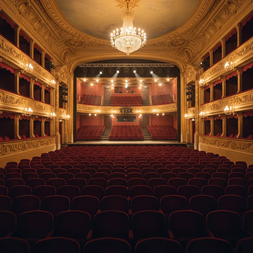 Empty theater with warm golden stage lighting