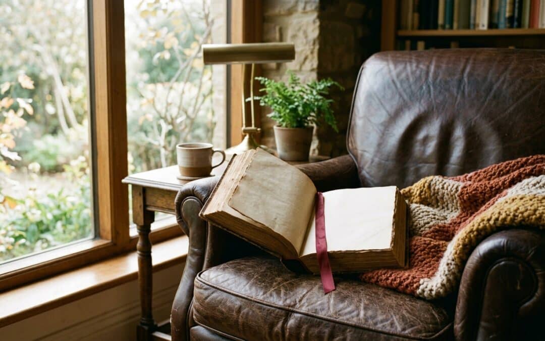 A thick spiritual book open on a cozy leather reading chair with warm blanket and natural window light