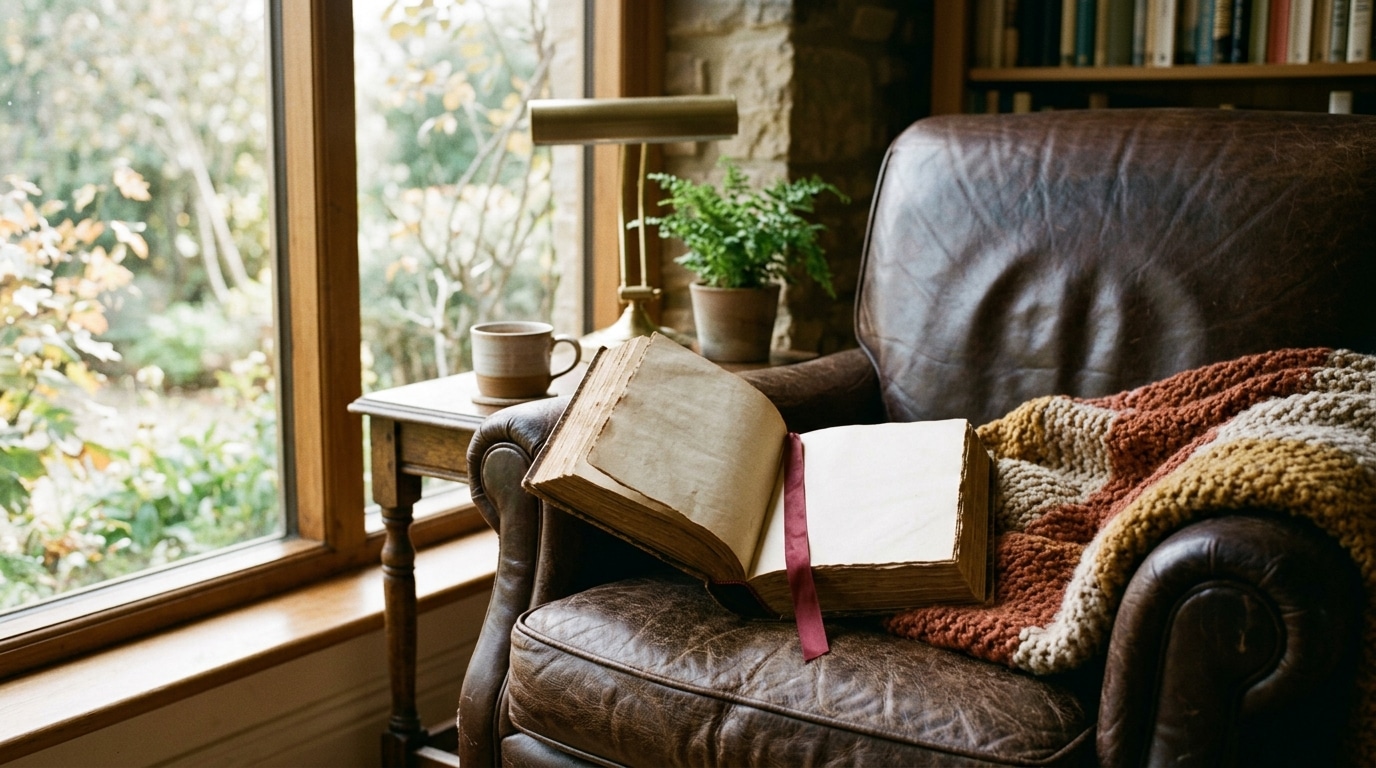 A thick spiritual book open on a cozy leather reading chair with warm blanket and natural window light