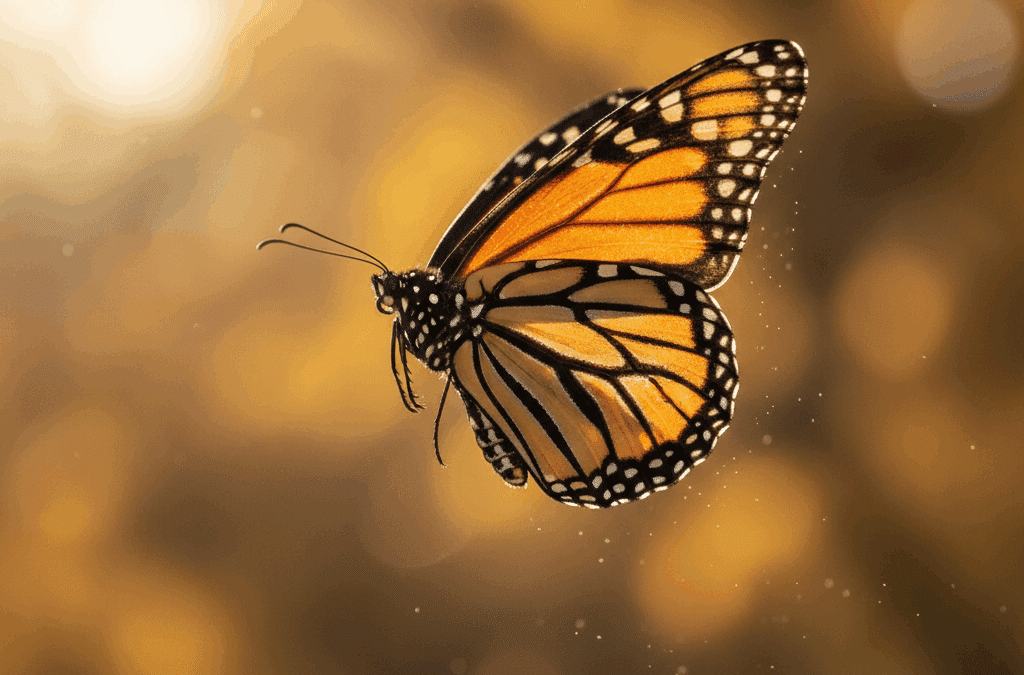 Butterfly backlit by golden sunlight