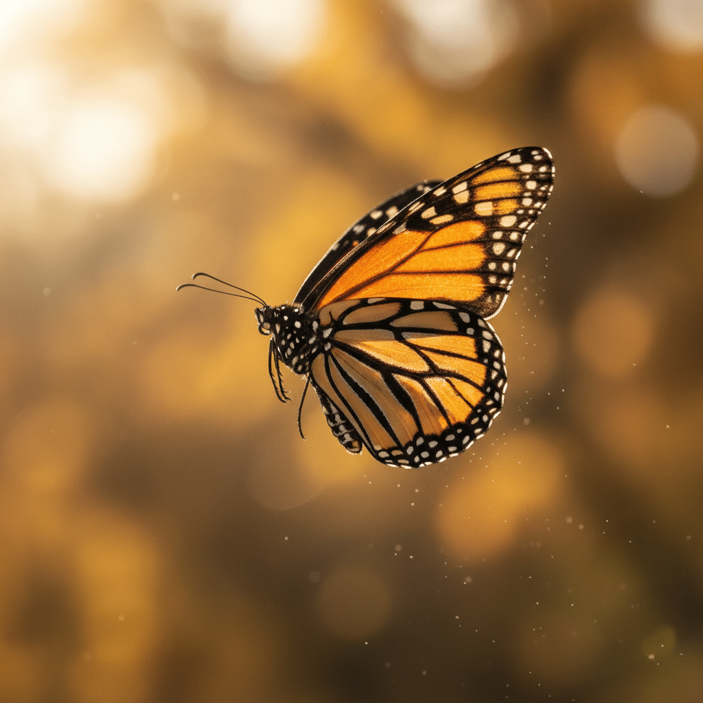 Butterfly backlit by golden sunlight