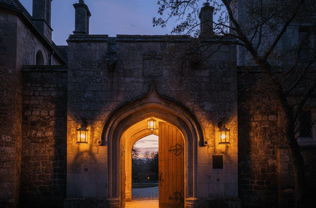 Stone building entrance with golden light at twilight