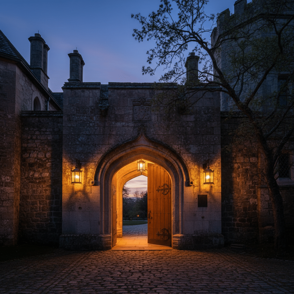 Stone building entrance with golden light at twilight