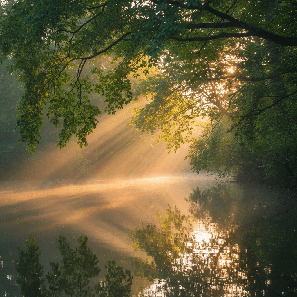 Sunlight through leaves onto a still pond