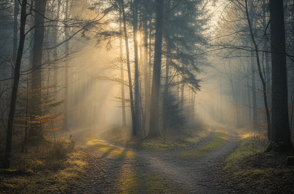 Forest path splitting in two at dawn