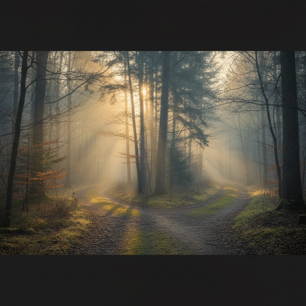 Forest path splitting in two at dawn