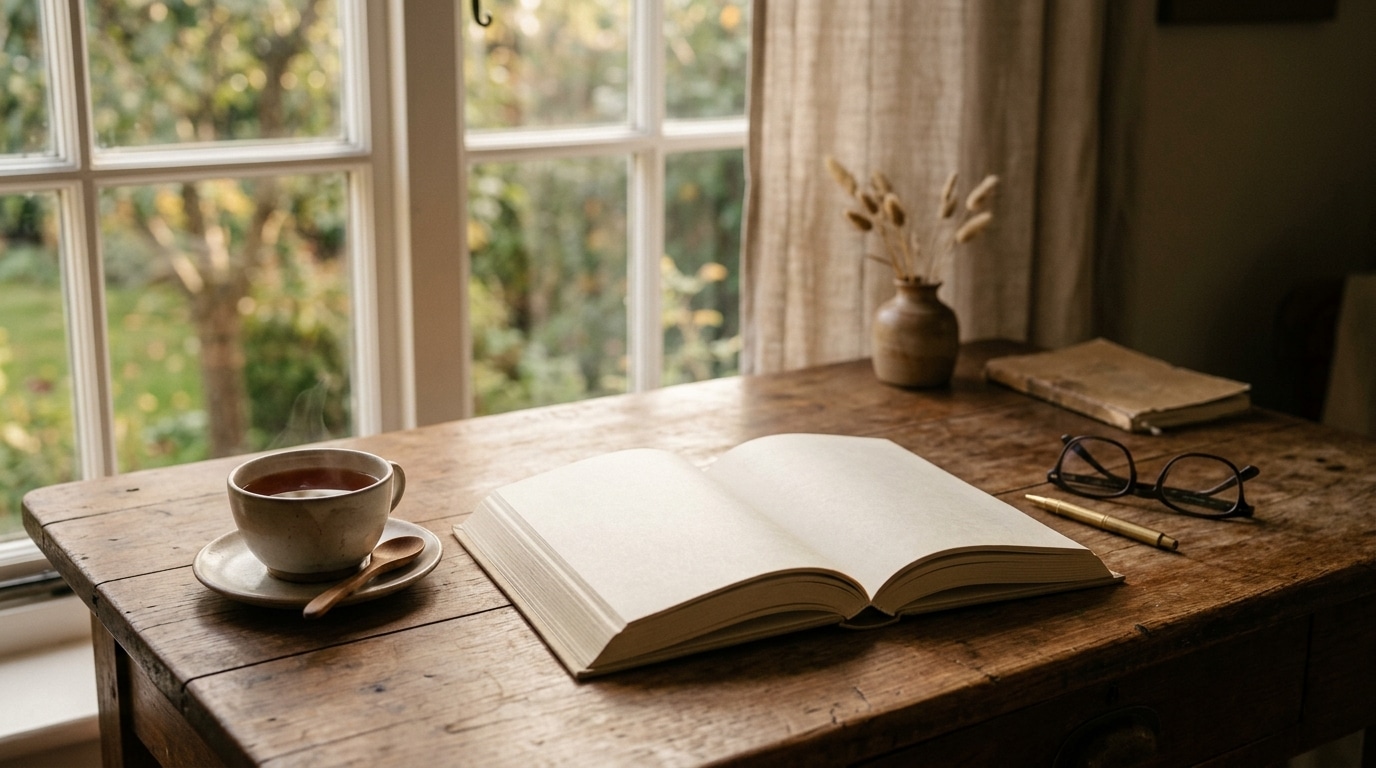 An open book and tea on a wooden desk in warm afternoon light, evoking a quiet, considered review of A Course in Miracles