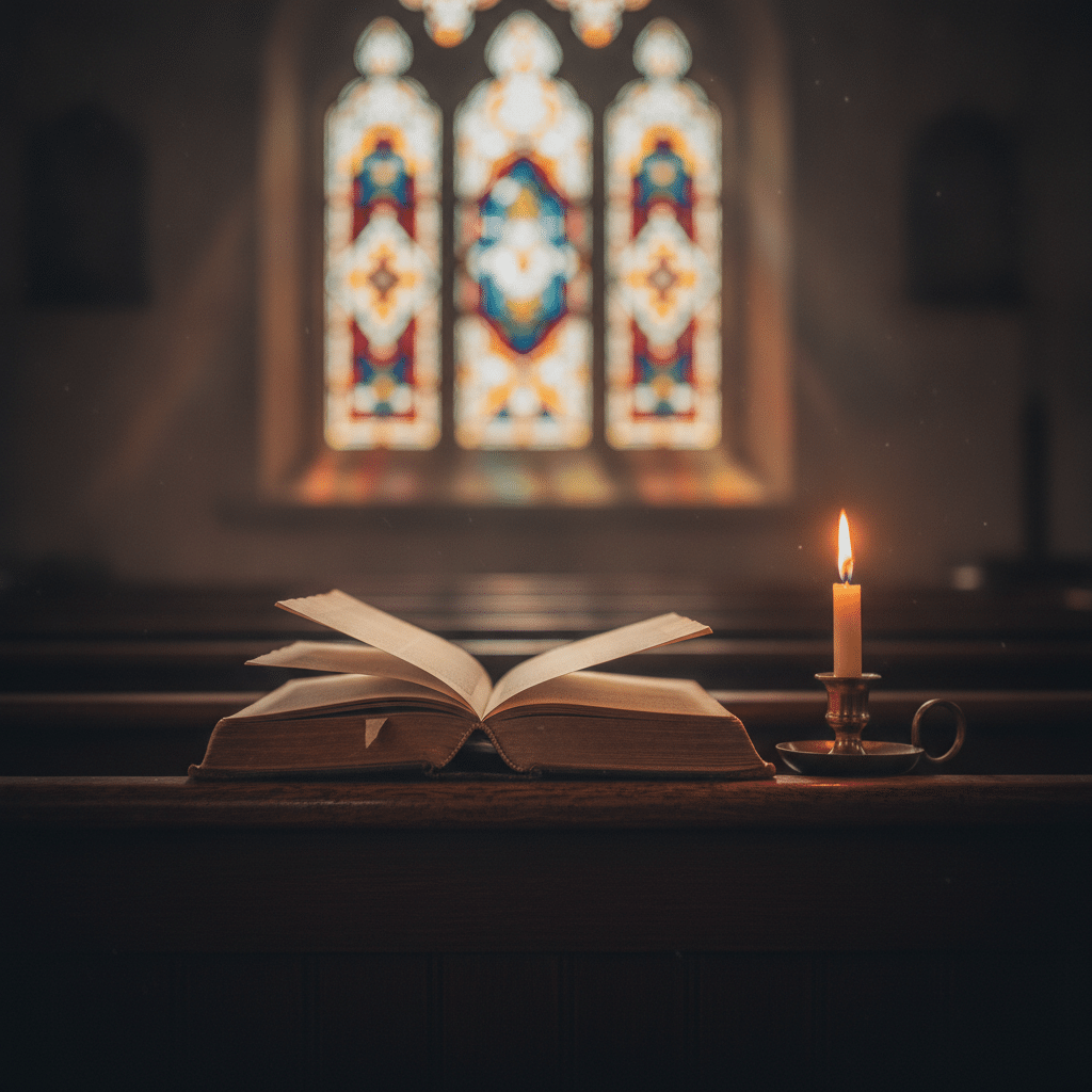 Open book and lit candle on a church pew, the Catholic view of A Course in Miracles