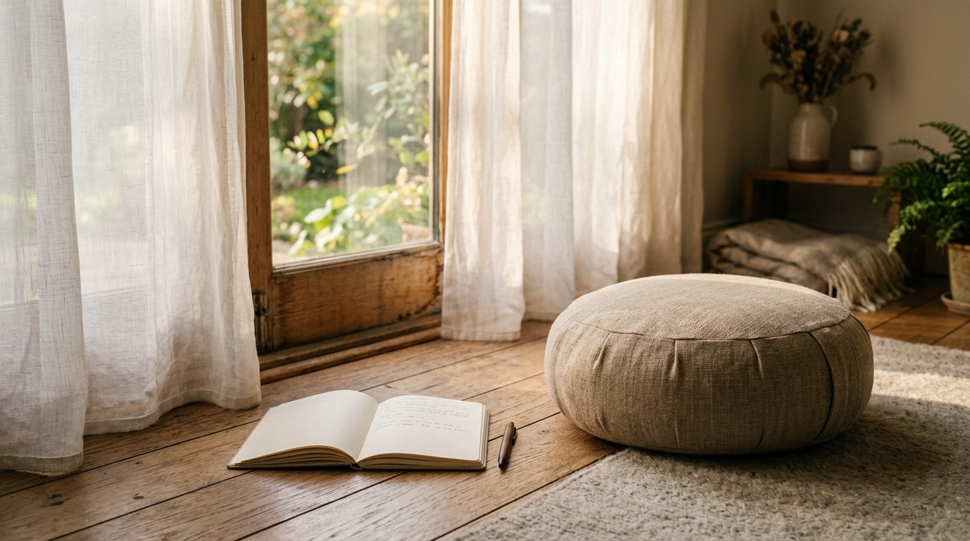 A quiet meditation cushion and open notebook in warm daylight, stillness as practice — the cross-section between Eckhart Tolle and A Course in Miracles