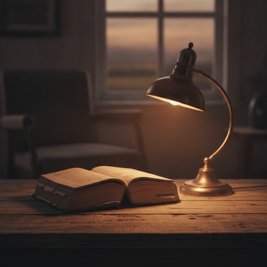 A Course in Miracles book resting open beside a warm reading lamp