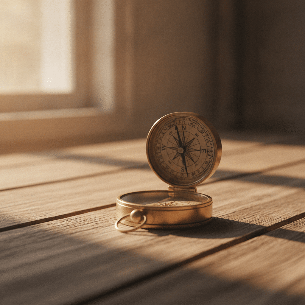 A brass compass on a wooden table symbolizing spiritual discernment