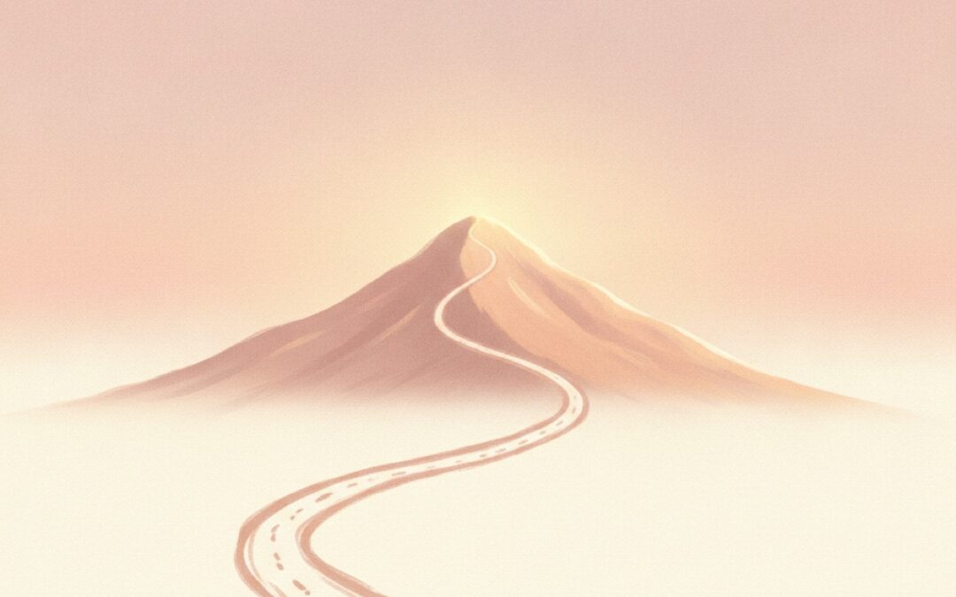 Two winding paths converging at one mountain summit at dawn, symbolizing A Course in Miracles and non-duality as different paths to the same oneness